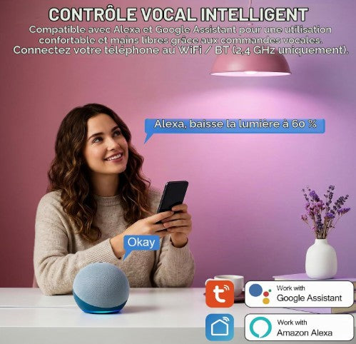 Ampoule E27 Tuya Connectée / Commande vocale et a distance /  Classe E "10W, 2700K-6500K" / Compatible Alexa et Google home [Classe énergétique E]