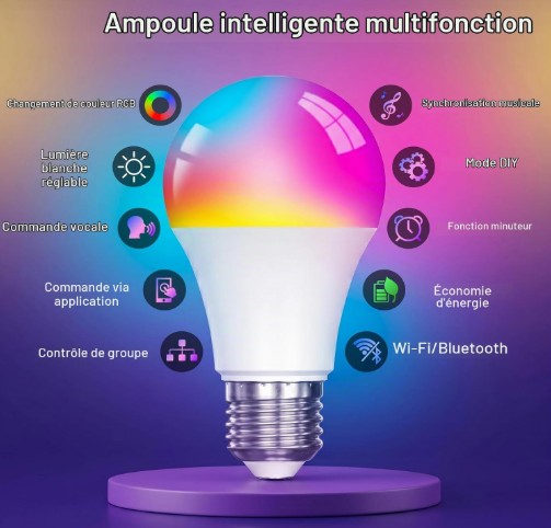 Ampoule E27 Tuya Connectée / Commande vocale et a distance /  Classe E "10W, 2700K-6500K" / Compatible Alexa et Google home [Classe énergétique E]