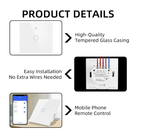 Interrupteur WIFI Tactile Intelligent en Verre / TUYA, Smart Life APP / Compatible avec Alexa et Google Assistant