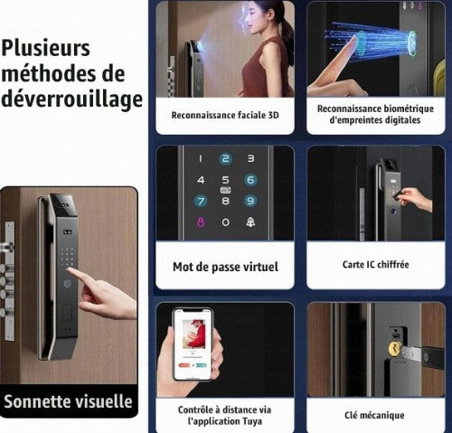 Serrure Electronique Intelligente 6 EN 1 / Ouverture Faciale, mot de passe, empreintes digitales, clé, badge, application à distance / Vidéophone à distance
