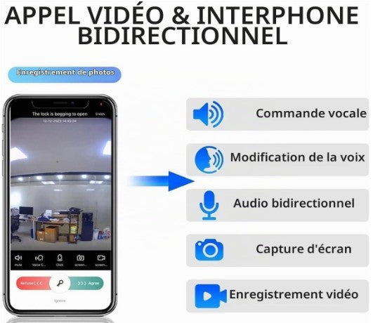 Serrure Electronique Intelligente 6 EN 1 / Ouverture Faciale, mot de passe, empreintes digitales, clé, badge, application à distance / Vidéophone à distance