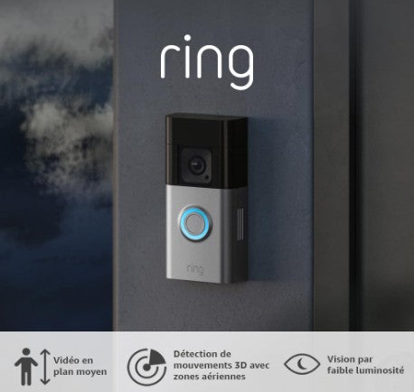 Vidéophone Ring / Sonnette sans fil avec caméra vidéo HD 1080p / Détection de mouvements / Compatible Alexa et google home